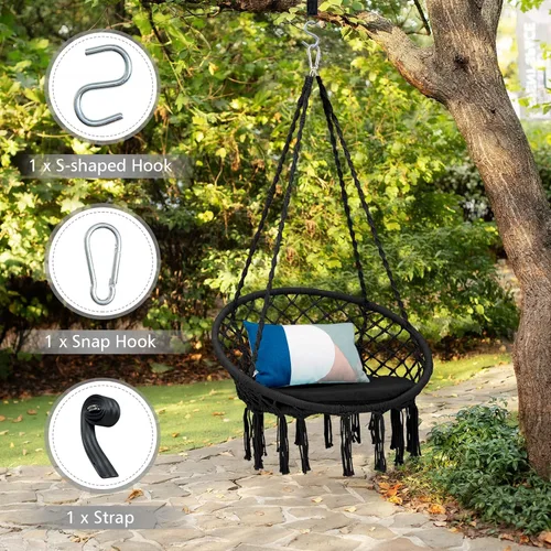 Vista 11 de Giantex - Silla hamaca de macramé con cojín y kit de herramientas, color negro Capacidad de peso de 330 libras, silla colgante