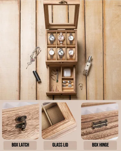 Vista 2 de Caja de reloj, caja de reloj para hombres y mujeres con tapa de vidrio grande, caja de almacenamiento de madera con 2 capas y 6 ranuras, organizador