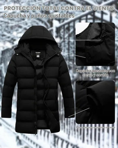 Vista 5 de Abrigo de invierno para hombre, chaqueta larga acolchada impermeable, parka de esquí, ropa exterior gruesa con capucha extraíble Negro