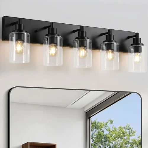 Vista 16 de LOUSACE Lámpara de tocador de baño de 3 luces, lámparas de baño negro mate sobre el espejo, iluminación moderna de baño con pantalla de vidrio