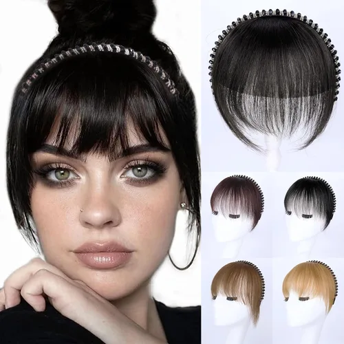 Vista 18 de G&T - Flequillo con clip para el cabello humano, flequillo delgado con fleco de diamantes de imitación, extensiones de cabello para mujer, flequillo