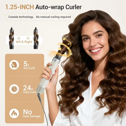 Vista 10 de Estilizador de cabello 6 en 1, secador de pelo iónico de alta velocidad con rizadores de envoltura automática, cepillo ovalado y voluminizador, sin