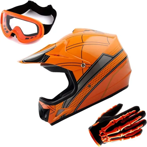 Vista 5 de WOW Casco de motocross juvenil MX BMX, casco de bicicleta negro araña + gafas + guante negro esqueleto K-Negro mate