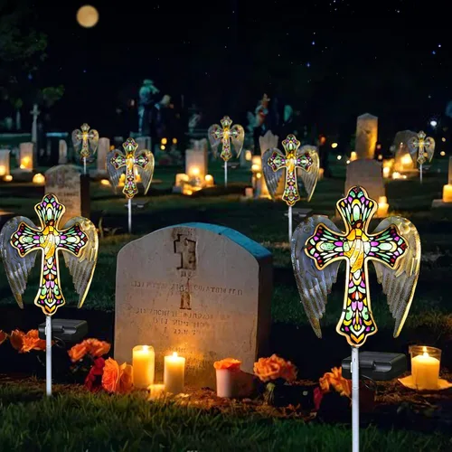 Vista 3 de YJFWAL Luz Solar de Estaca de Jardín con Cruz de Cristal, Decoraciones de Cementerio para Luces Exteriores de Tumba, Regalos Conmemorativos