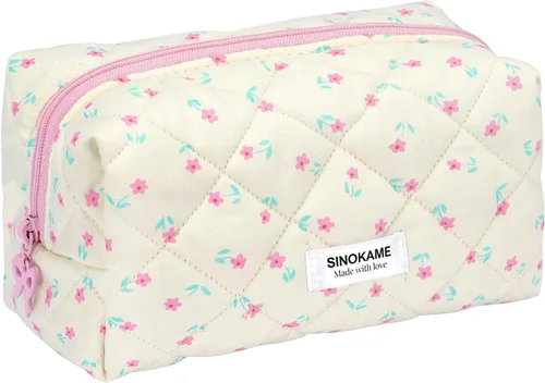 Vista 8 de SINOKAME Bolsa de maquillaje acolchada de algodón, pequeña, con lazo de coqueta, bolsa de cosméticos estética, bolsa de almacenamiento de viaje