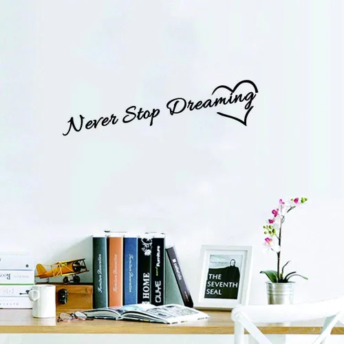Vista 7 de Calcomanía motivacional para pared, adhesivo de PVC extraíble con frase "Never Stop Dreaming" y palabras coloridas, efecto de 33 x 10 pulgadas, arte