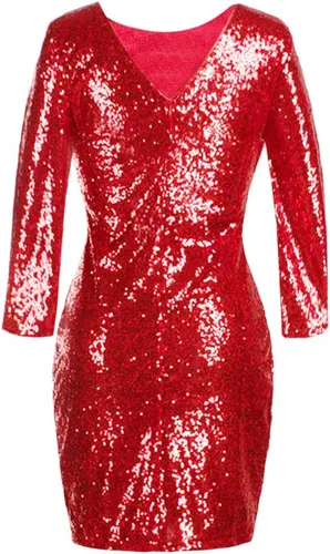 Vista 2 de Vestido de fiesta para mujer, manga 34, cuello en V, lentejuelas, brillante, glamuroso, vestido de fiesta, cóctel, con purpurina, entallado, boda