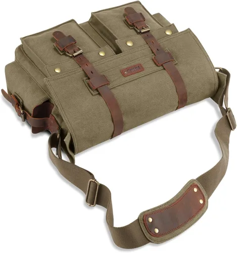 Vista 5 de Kattee Military Messenger Bag Canvas Leather Shoulder Bag Fits 14.715.6 Inch Laptop