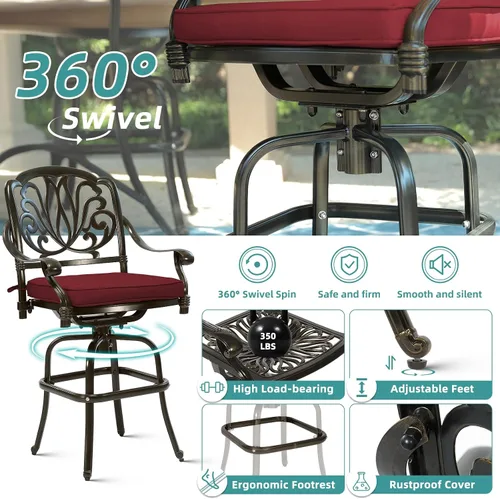 Vista 5 de Juego de barra para exteriores de 10 piezas, muebles de bar de aluminio fundido para todo tipo de clima con 8 taburetes de bar giratorios Bronce