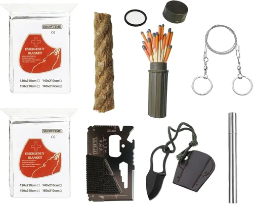 Vista 10 de Survival Kit with Windproof Waterproof Matches (2.6") – Fire Starter Kit with 2 Thermal Blankets, Wax Fire Rope, Wire Saw & 14-in-1 Tool – Bug Out