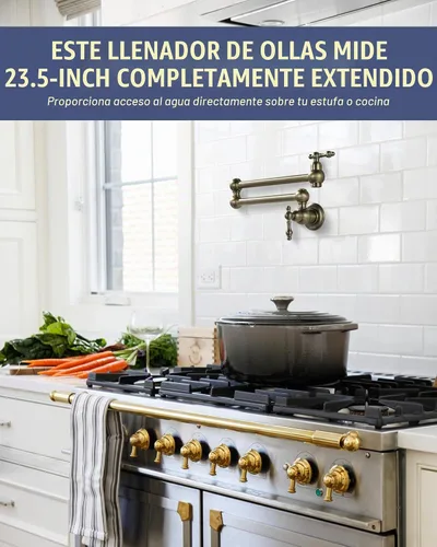 Vista 2 de WOWOW Grifo de llenado de ollas de bronce antiguo, grifo de cocina de montaje en pared de latón con brazos oscilantes de doble junta