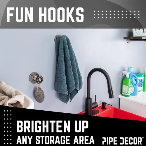 Vista 7 de PIPE DECOR Gancho para abrigos, válvula de espiga de agua industrial negra, montaje en pared con brida de plomería de hierro real para el hogar