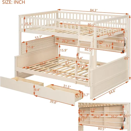 Vista 2 de SOFTSEA Full XL Over Queen Wooden Bunk Bed with Drawers and LED, Beige