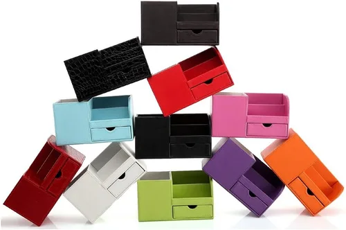 Vista 2 de KINGFOM™ - Organizador para escritorio y oficina de piel con 4 cajones pequeños - Caja de almacenamiento para papelería y multifuncional, Anaranjado