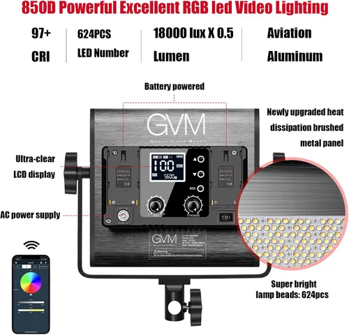 Vista 2 de GVM 850D RGB LED luces de video con 2 soportes de softbox, panel de iluminación de video a todo color de 360° con control de aplicación, 2 paquetes