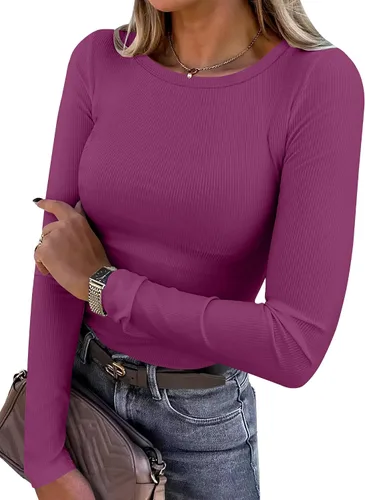 Vista 24 de ANRABESS - Camisetas de manga larga para mujer, de punto acanalado, ajustadas, básicas, 2025, informales, para usar a capas o debajo del uniforme