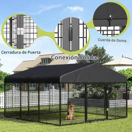 Vista 6 de Perrera para Perros de Exterior de 118" x 118" de Acero Ideal Cerca para Perros Medianos/Pequeños Revestimiento Anti-Óxido Jaula con Techo