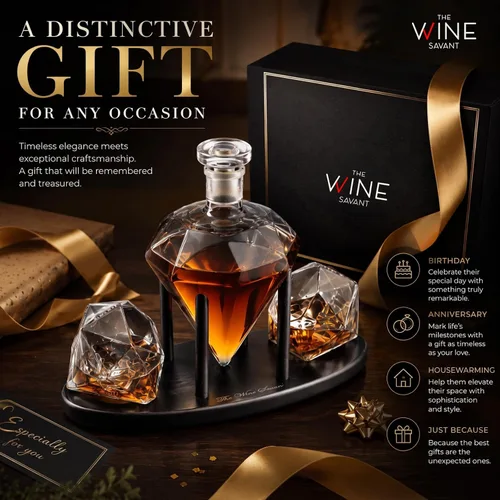 Vista 7 de The Wine Savant - Decantador de whisky en forma de diamante, con 2 copas en forma de diamante, para licor, escocés, ron, bourbon, vodka, tequila