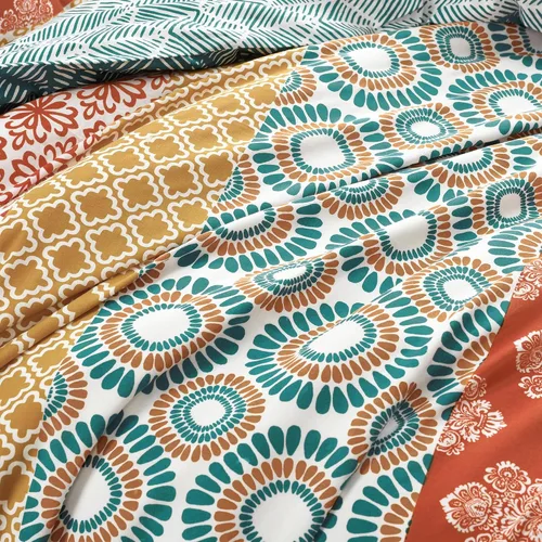 Vista 3 de Lush Decor Juego de funda de edredón reversible de algodón a rayas bohemias, juego de 3 piezas, tamaño King, turquesa y naranja, juego de cama a