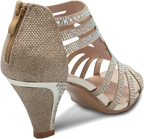 Vista 3 de Olivia K Sandalias de vestir con tiras de diamantes de imitación para mujer, tacón bajo, zapatos de boda con purpurina blanca, adorable, cómoda