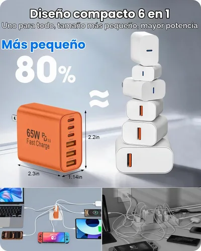 Vista 5 de FEEL2NICE Paquete de 2 bloques de cargador USB C de 65 W, bloque de carga rápida de pared de 6 puertos [3 PD USB-C y 3 QC USB-A] para iPhone 17 16