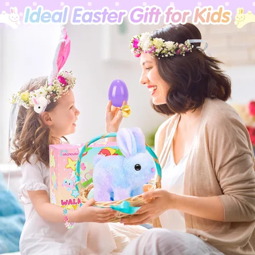 Vista 7 de CatchCute - Conejitos de peluche de Pascua para niños, conejo interactivo con sonidos, puede caminar y mover la cola con correa de control remoto