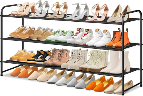 Vista 8 de SLEEPING LAMB Organizador de Zapatos Largo de 2 Niveles para Clóset, Estante de Zapatos Ancho Apilable Sostiene 18 Pares, Estante Bajo de Negro
