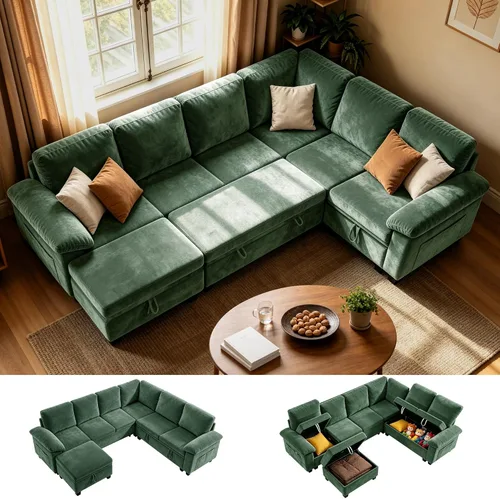 Vista 28 de 86" L-Shaped Sectional Sleeper Couch, Modular Pull-Out Storage Sofa Bed Green