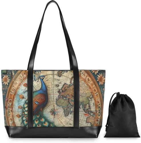 Vista 2 de Vintage Peacock patrón simple mujer trabajo tote bolsa con cremallera bolsa 14 pulgadas para mujeres trabajo con bolso para laptop mujer