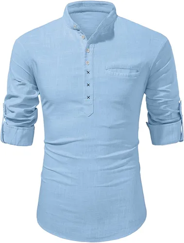 Vista 3 de JMIERR Camisa Henley de algodón y lino para hombre, estilo casual, hippie, de manga larga, con bolsillo