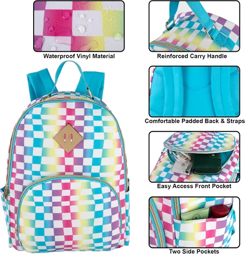 Vista 2 de Emma & Chloe Mochilas de vinilo impermeables para viajar y viajar al trabajo, Tablero de ajedrez arcoíris, Mochila casual