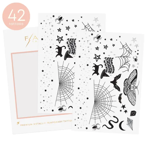 Vista 2 de Flash Tattoos Tatuajes temporales de Halloween Witch Please 44 tatuajes espeluznantes Tatuaje metálico Suministros para fiesta de Halloween