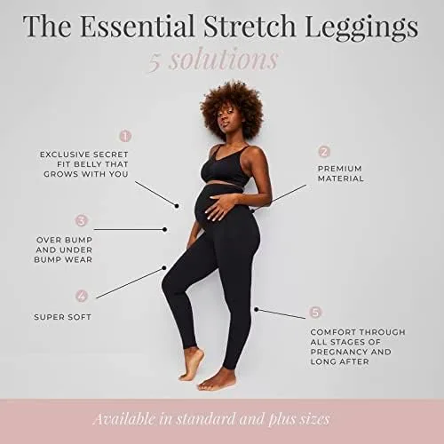 Vista 5 de Motherhood Maternity Women's Essential Stretch Secret Fit Over the Belly Leggings Full Length & Crop Length XS-3X 1 & 2 Packs