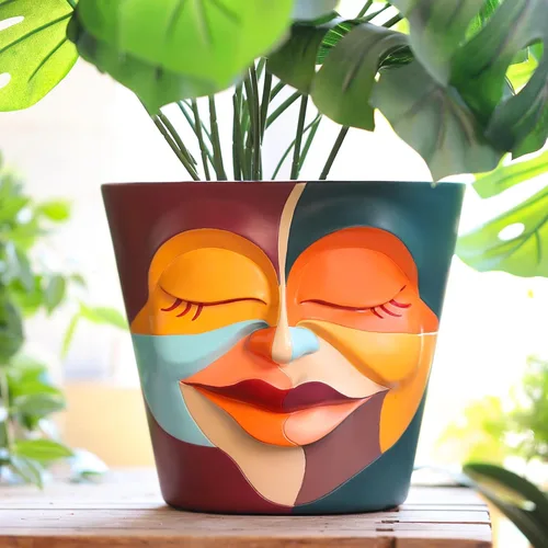 Vista 16 de GUGUGO Macetas únicas de cara para plantas, coloridas y lindas macetas para suculentas con drenaje, macetas abstractas de cabeza de arco iris
