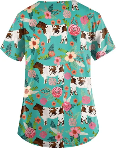 Vista 3 de Uniformes de enfermería con estampado de animales para mujer, manga corta, cuello en V, con bolsillos