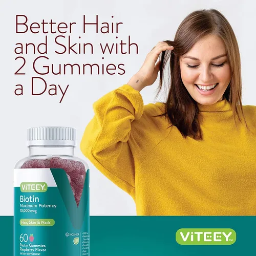 Vista 6 de Viteey Gomitas de biotina - 10,000 mcg - 60 unidades Gomitas de biotina para el crecimiento del cabello para la piel y las uñas, veganas, sin