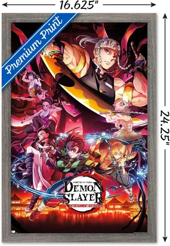 Vista 3 de Demon Slayer - Póster de pared Key Visual 1, 22.4 pulgadas de largo x 14.7 pulgadas de ancho, versión enmarcada de madera de granero