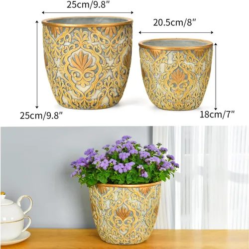Vista 9 de Sungmor Macetas grandes de cemento resistentes, hermosas macetas de jardín de hormigón en relieve, juego de 2 macetas de 8 y 10 pulgadas