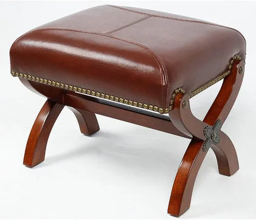 Vista 7 de Reposapiés de cuero, otomano de madera, asiento rústico para pies, reposapiés de madera, reposapiés rectangular pequeño otomano para sala de estar