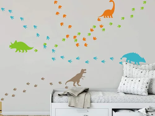 Vista 4 de Calcomanías de pared de dinosaurios, huellas de dinosaurios, calcomanías de pared de vinilo mate, decoración de pared para niños y bebés