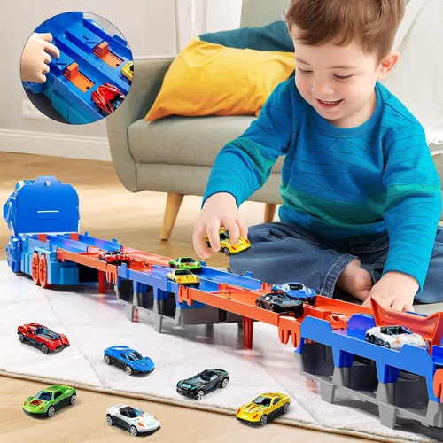 Vista 2 de Camión transportador de dinosaurios de juguete para niños de 3, 4, 5, 6 años, traje de pistas de autos para niños con 12 autos de carreras fundidos