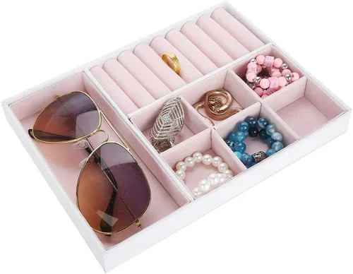 Vista 6 de TMISHION Caja organizadora de joyería, caja de almacenamiento, bandeja extraíble de 2 capas para aretes, pulsera de cuero, organizador de joyas