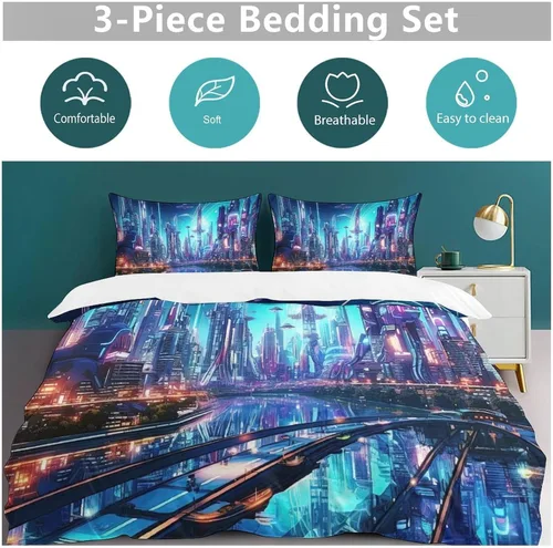 Vista 5 de Art Duvet Cover Full Size, Ultra Soft Microfiber Night Scenery Bedding Set, 3 Pieces City View Pattern Comforter Cover Set with Zipper Closure