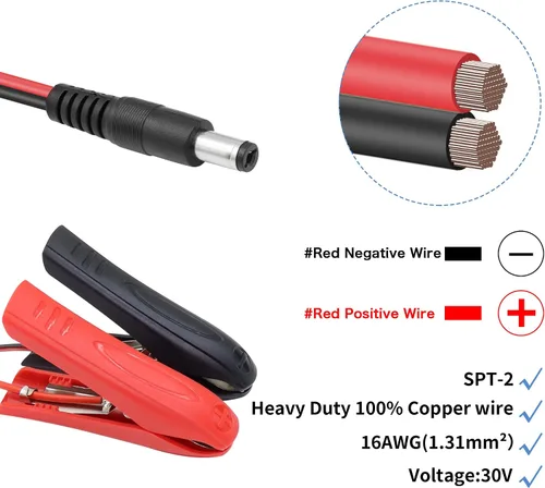 Vista 3 de YACSEJAO Cable de pinzas de cocodrilo de batería de CC 5.5 de 0.083 in macho a batería, cable de extensión de 12-24 V con abrazadera de batería