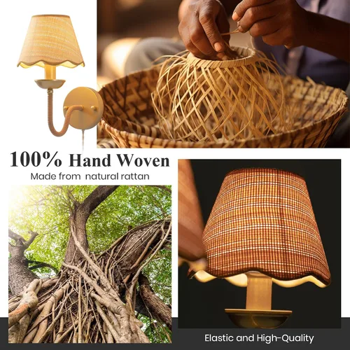 Vista 5 de Aplique de Pared de Ratán, Lámpara de Pared Boho Tejida a Mano en Oro, Iluminación de Aplique de Ratán Moderna y Rústica, Lámparas de Pared