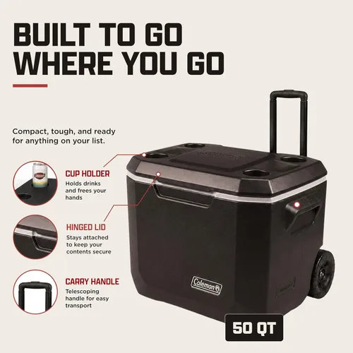 Vista 2 de Coleman Xtreme 50qt, enfriador rodante con ruedas, aislamiento de pared extra mantiene el hielo hasta 5 días, hielera portátil con ruedas