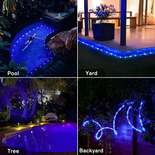 Vista 7 de ANJAYLIA Cuerda de luces solares de 33 pies con 100 luces LED para exteriores, impermeable, funciona con energía solar con 8 modos para exteriores