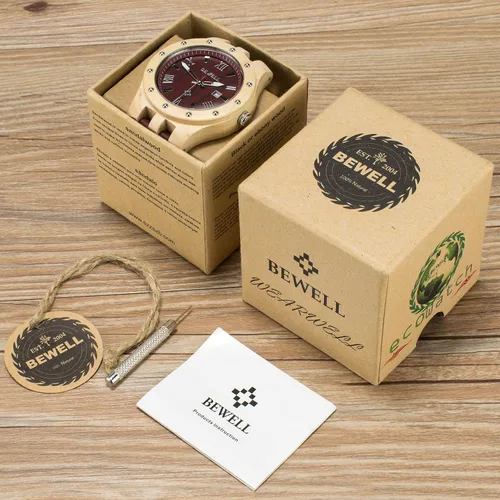 Vista 7 de Bewell Relojes de madera para hombre, reloj de pulsera luminoso de cuarzo analógico hecho a mano