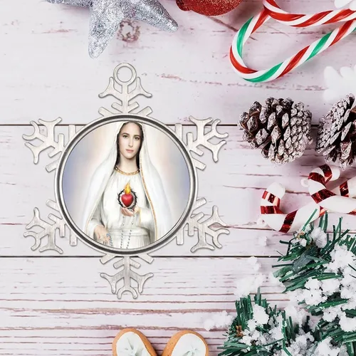 Vista 4 de Adornos metálicos de copo de nieve de Nuestra Señora de Fátima, adorno de Navidad, recuerdo, regalo, adornos colgantes para decoración de árbol