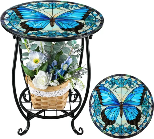 Vista 8 de Cinnvoice Mesa auxiliar redonda para exteriores, mosaico pequeño, decoración de patio, planta interior, mesa de té para patio, porche, jardín, sala